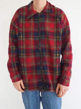 Oceanic Red Plaid Wool Blend Zip Jacket Long Sleeve Check Pattern Casual Coat L